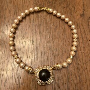 Vintage Faux Pearl Necklace with Black Pendant